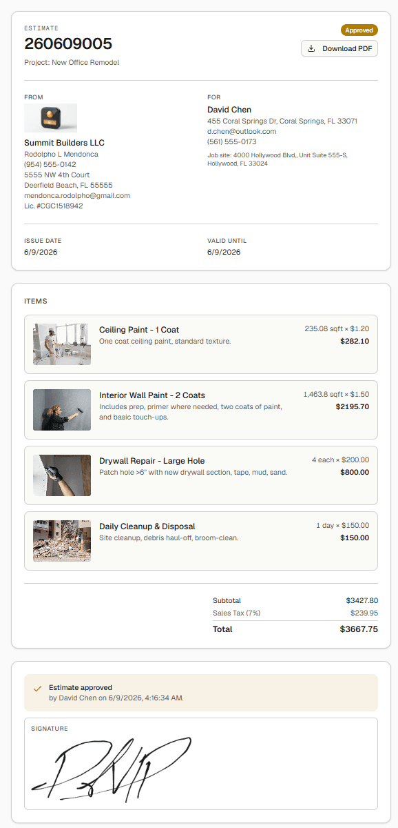 A client-approved estimate with a drawn signature