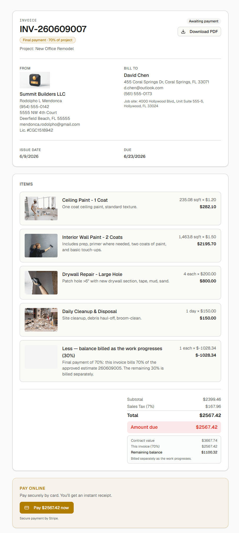 The client payment page with the Pay now button
